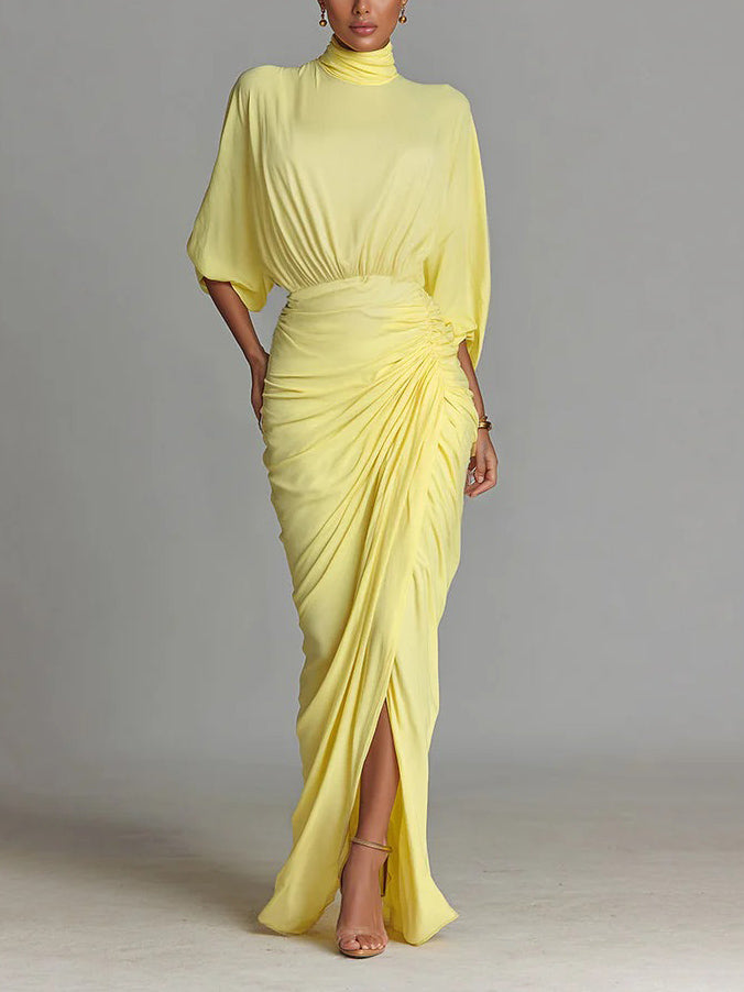 Elegant High-neck Half-sleeve Pleated Maxi Dress