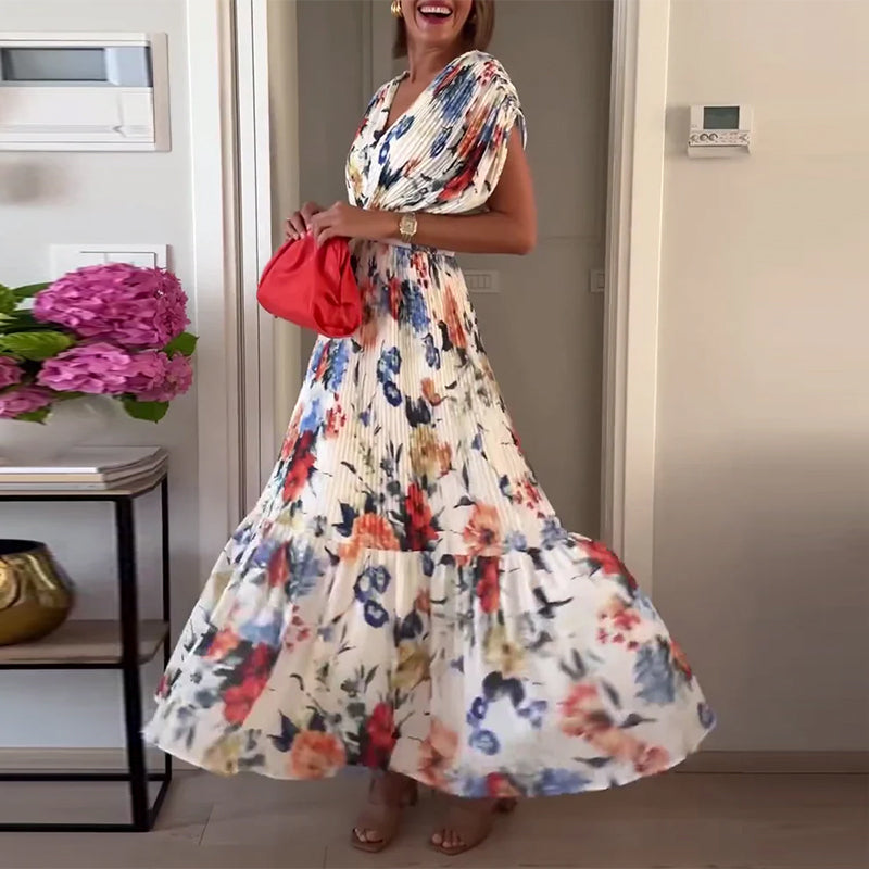 MAYA- Elegant floral print pleated dress
