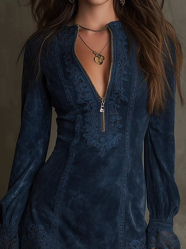 Jasmine – Blue Suede Mini Dress with Lace