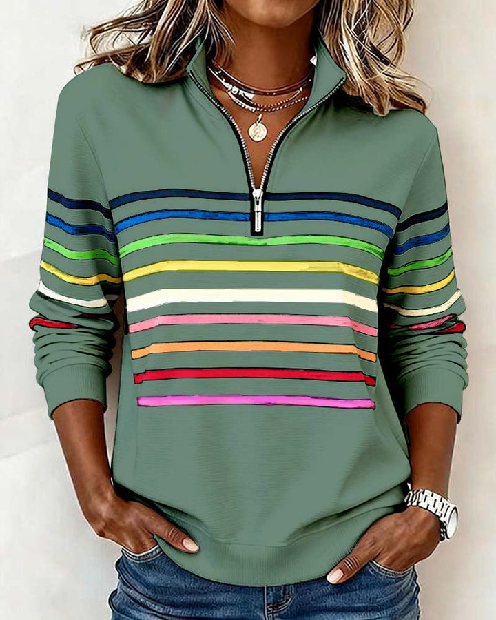 Trendy Rainbow Stripe Half Zip Neck Sweatshirt