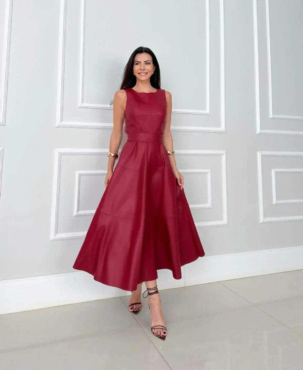 Luise™ | Elegant Midi Faux Leather Dress