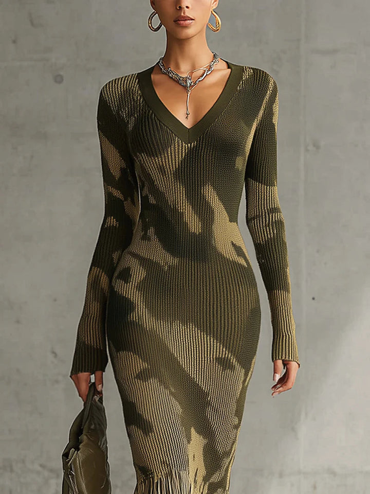 Olive Camo Knit V-Neck Fringe Hem Midi Dress