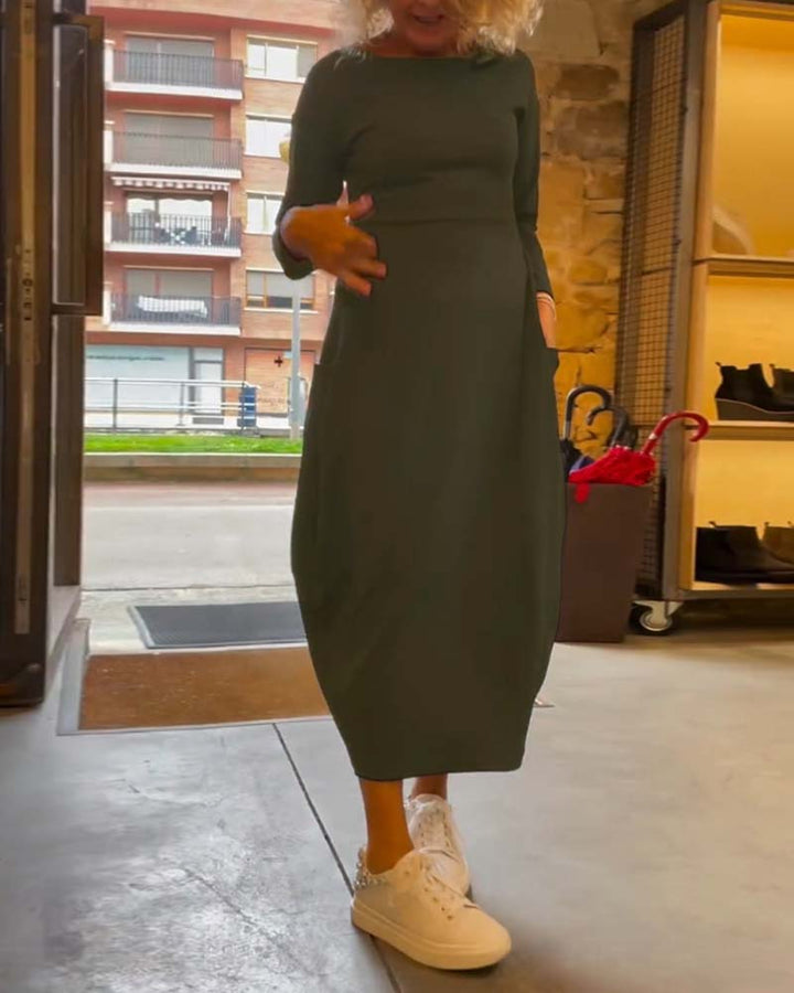 Tavina™ | Elegant Round Neck Pocket Dress