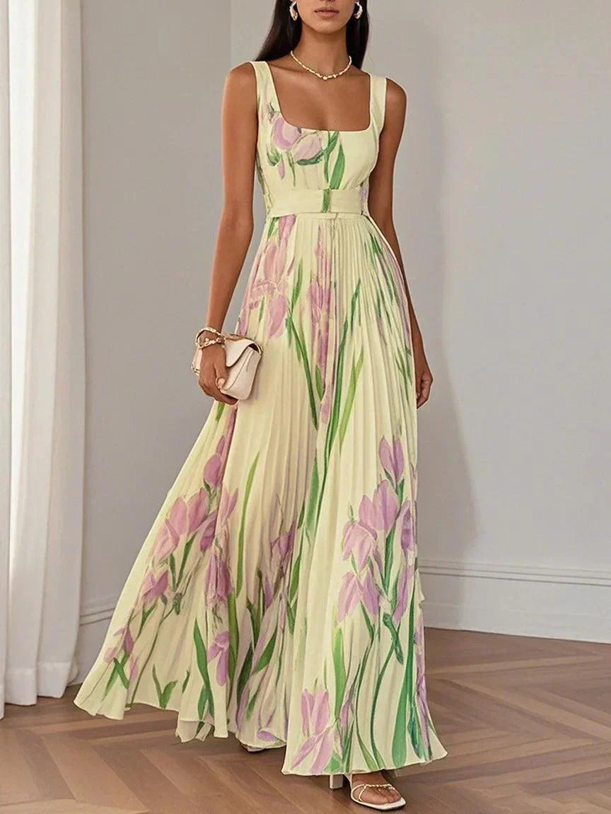 Aurelia™ | Pleated Floral Chiffon Maxi Dress