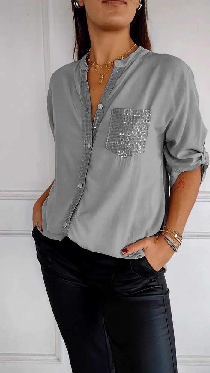 Alandria™ | V-Neck Sequin Mid-Sleeve Casual Top