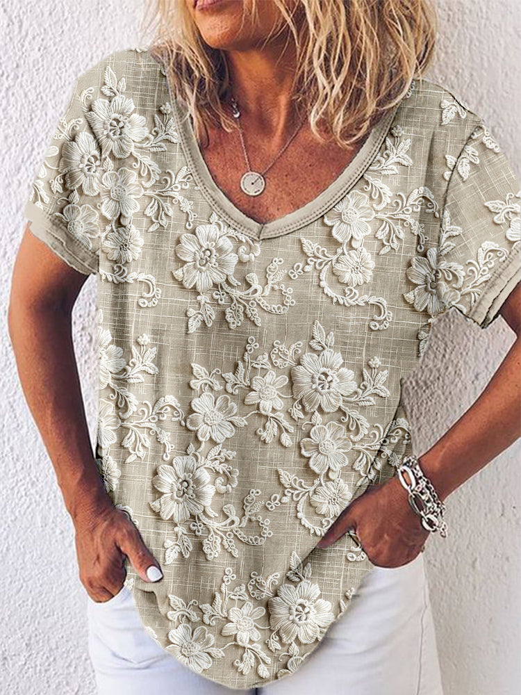 Senara - Elegant Floral V Neck Comfy Top