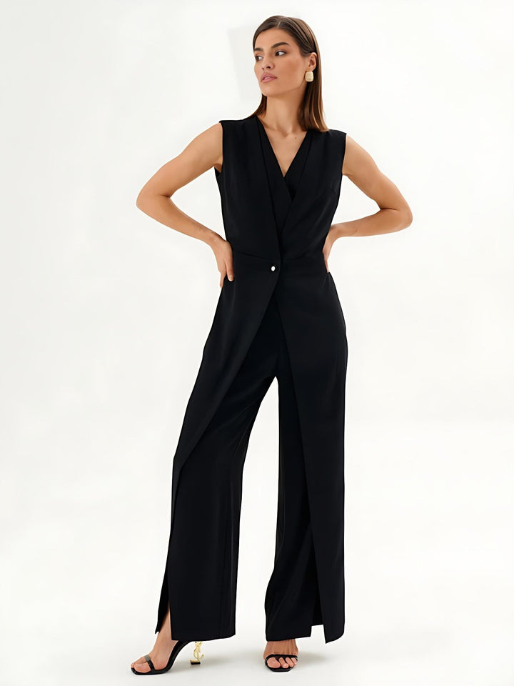 Black Sleeveless Wrap-Effect Wide-Leg Jumpsuit
