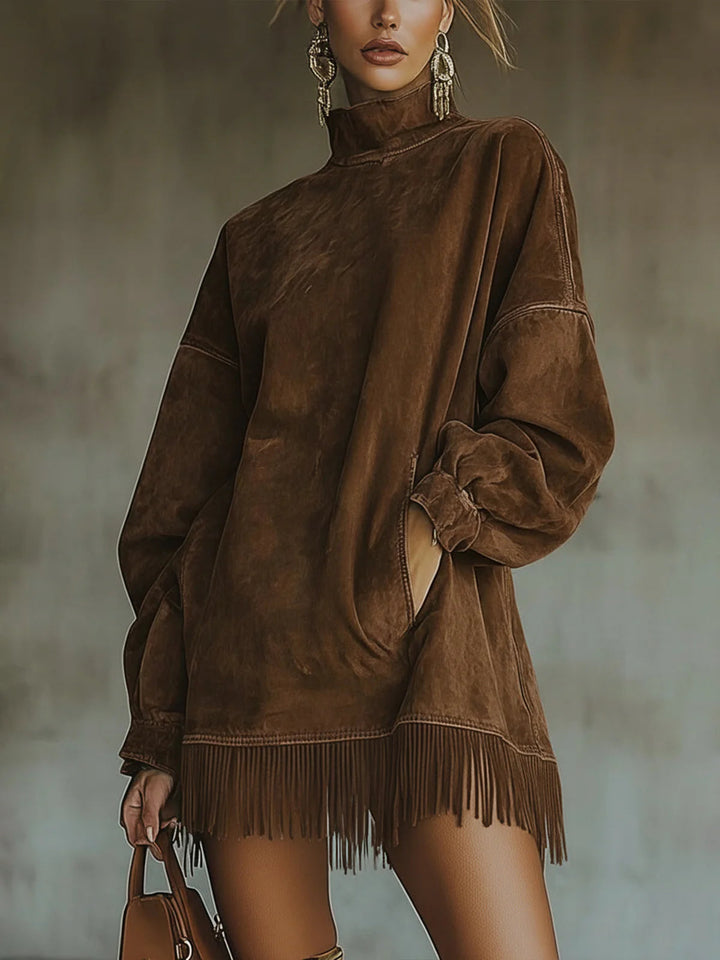 Faux™ | Suede Turtleneck Dress With Fringe Hem