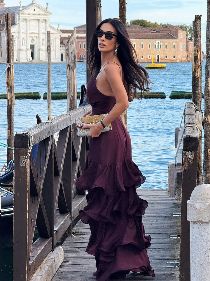 Esmira™ | Elegant Burgundy Tiered Maxi Dress