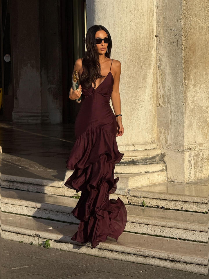 Esmira™ | Elegant Burgundy Tiered Maxi Dress