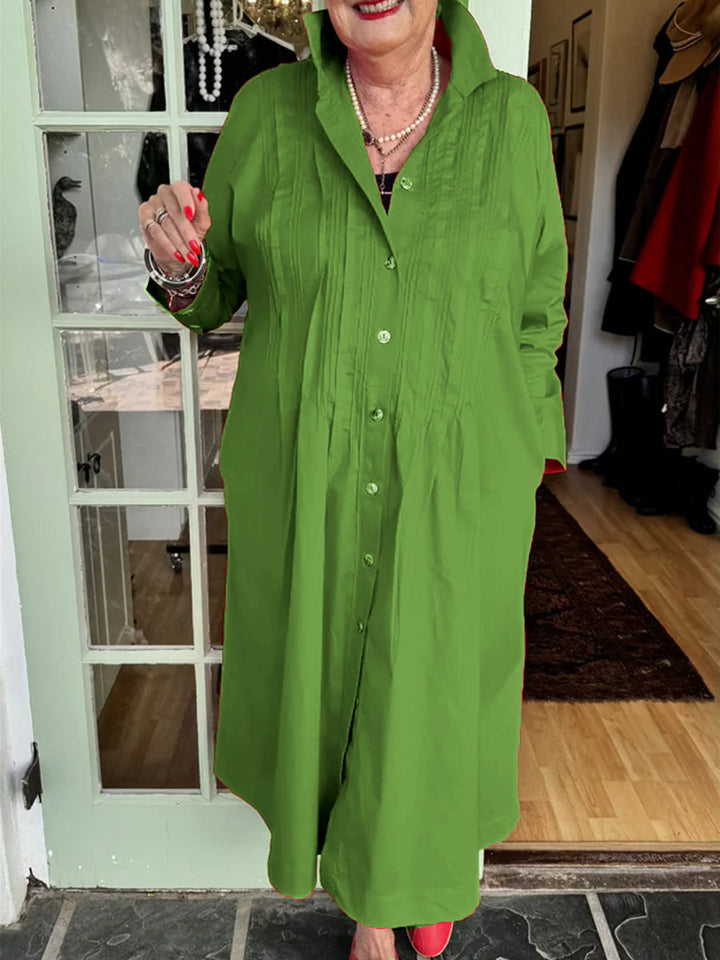 Accordion-pleated Shirt Collar Cotton and Linen Dress