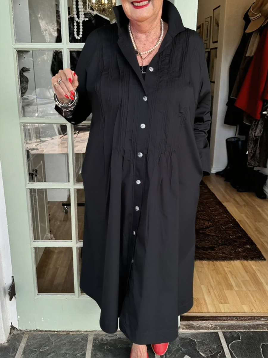 Accordion-pleated Shirt Collar Cotton and Linen Dress