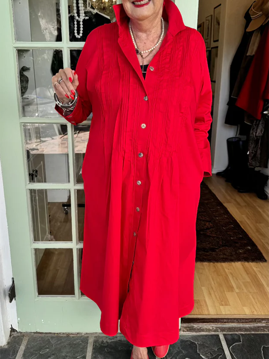 Accordion-pleated Shirt Collar Cotton and Linen Dress