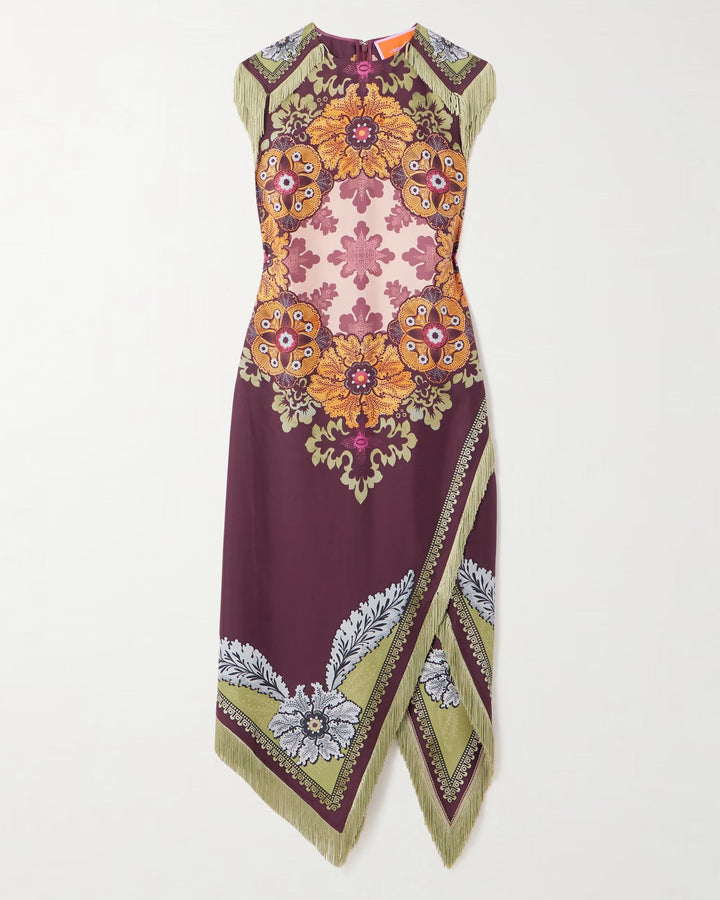 Boho Chic Asymmetric Fringed Printed Maxi Dress