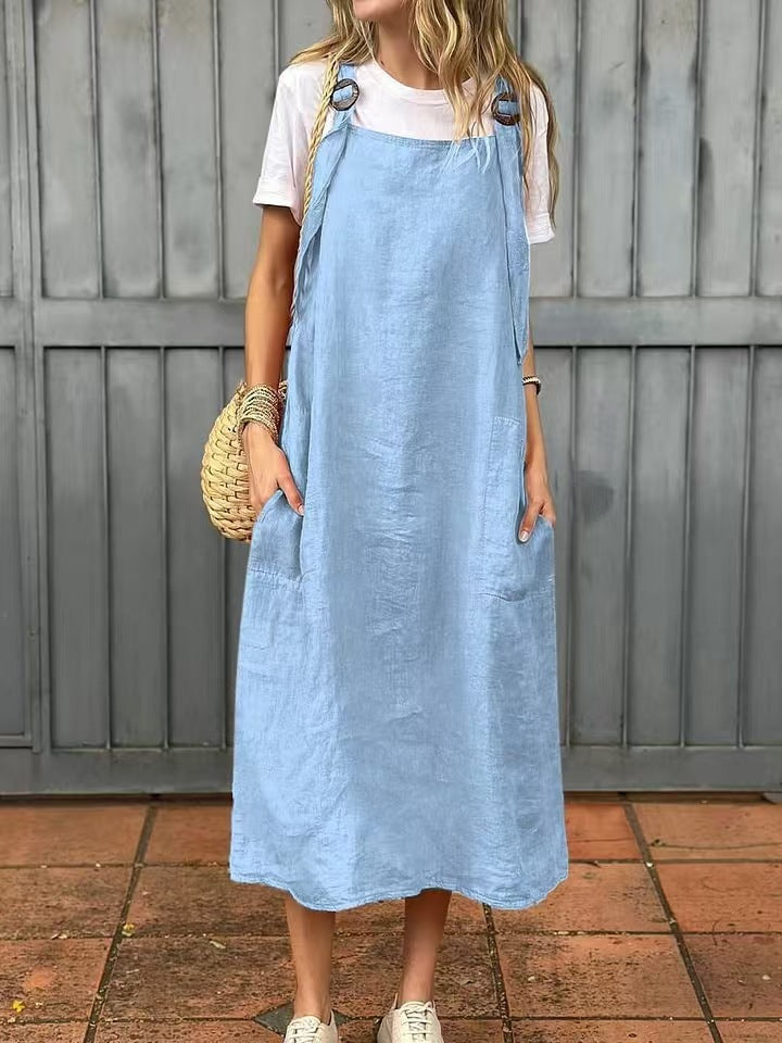 Women's Adjustable Shoulder Strap Pocket Cotton and Linen Dress