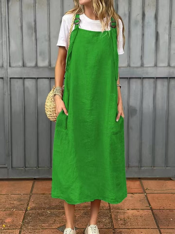 Women's Adjustable Shoulder Strap Pocket Cotton and Linen Dress