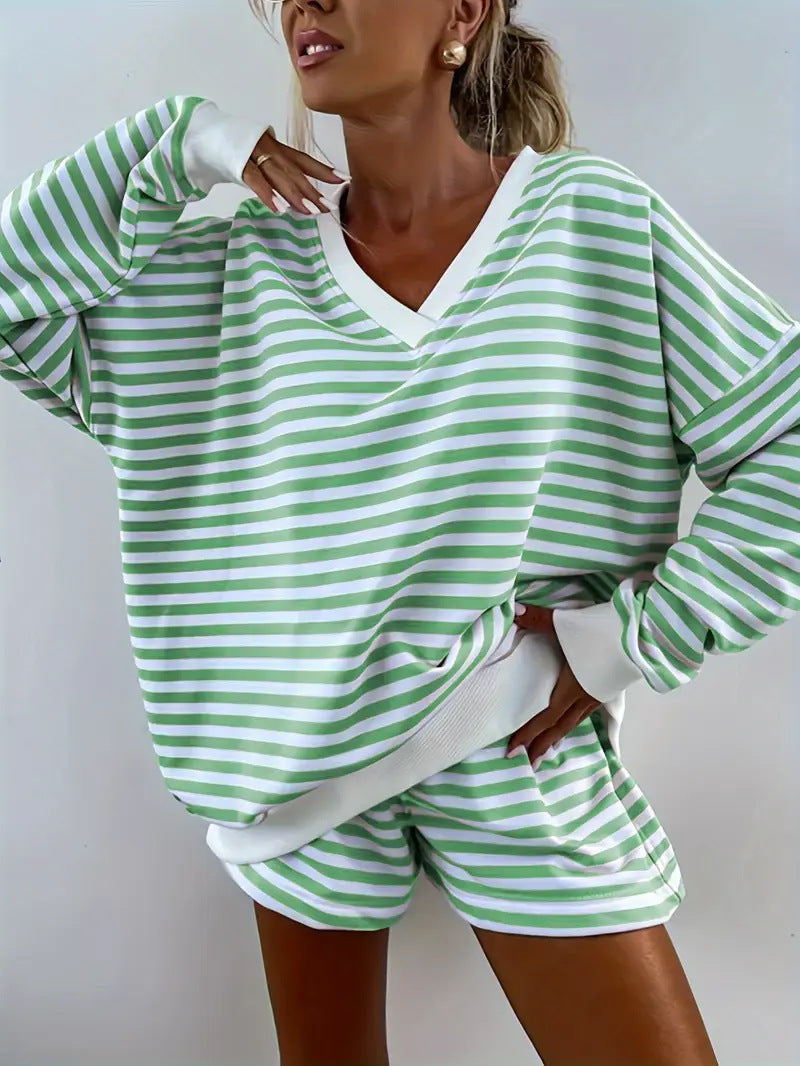 NOLANI™ – Relaxed Fit Striped V-Neck Lounge Set