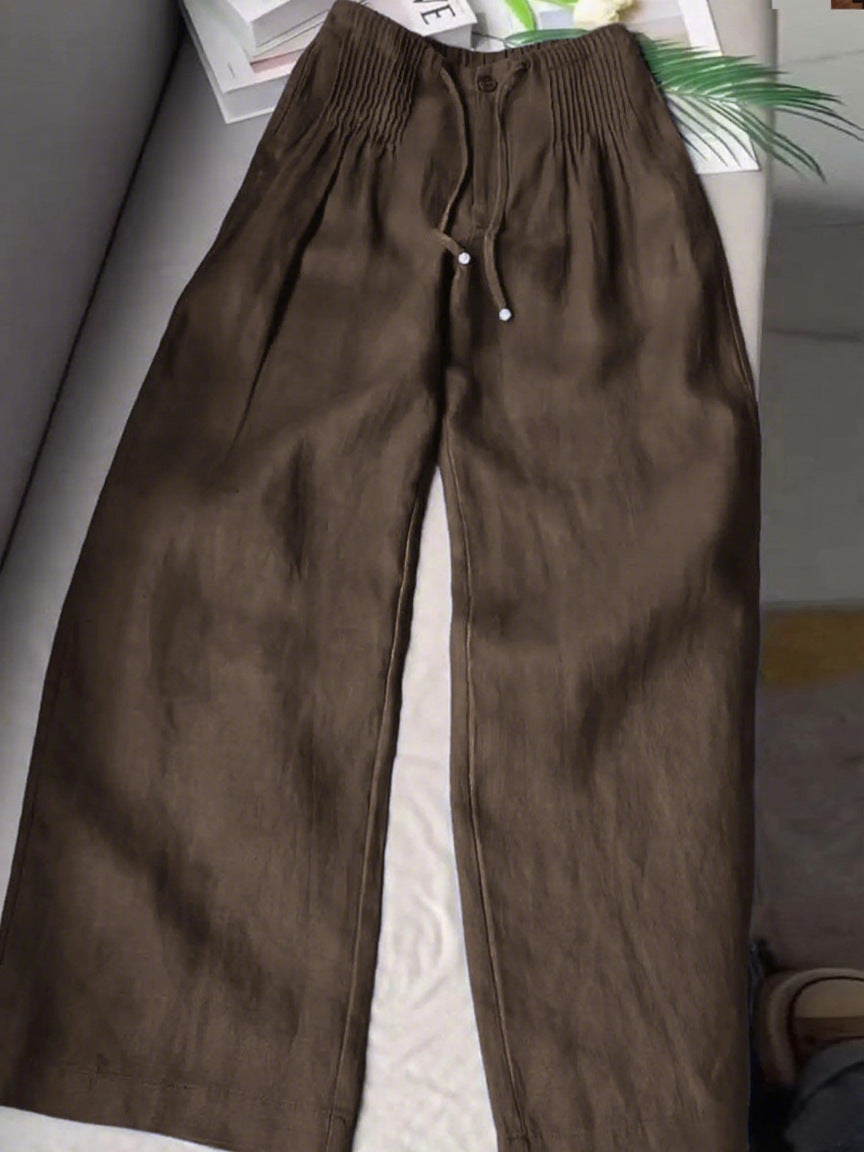 Women's Solid Color Pleated Drawstring Casual Cotton and Linen Wide Leg Pants