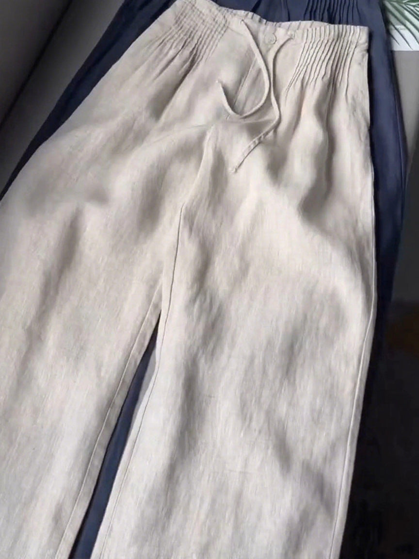Women's Solid Color Pleated Drawstring Casual Cotton and Linen Wide Leg Pants
