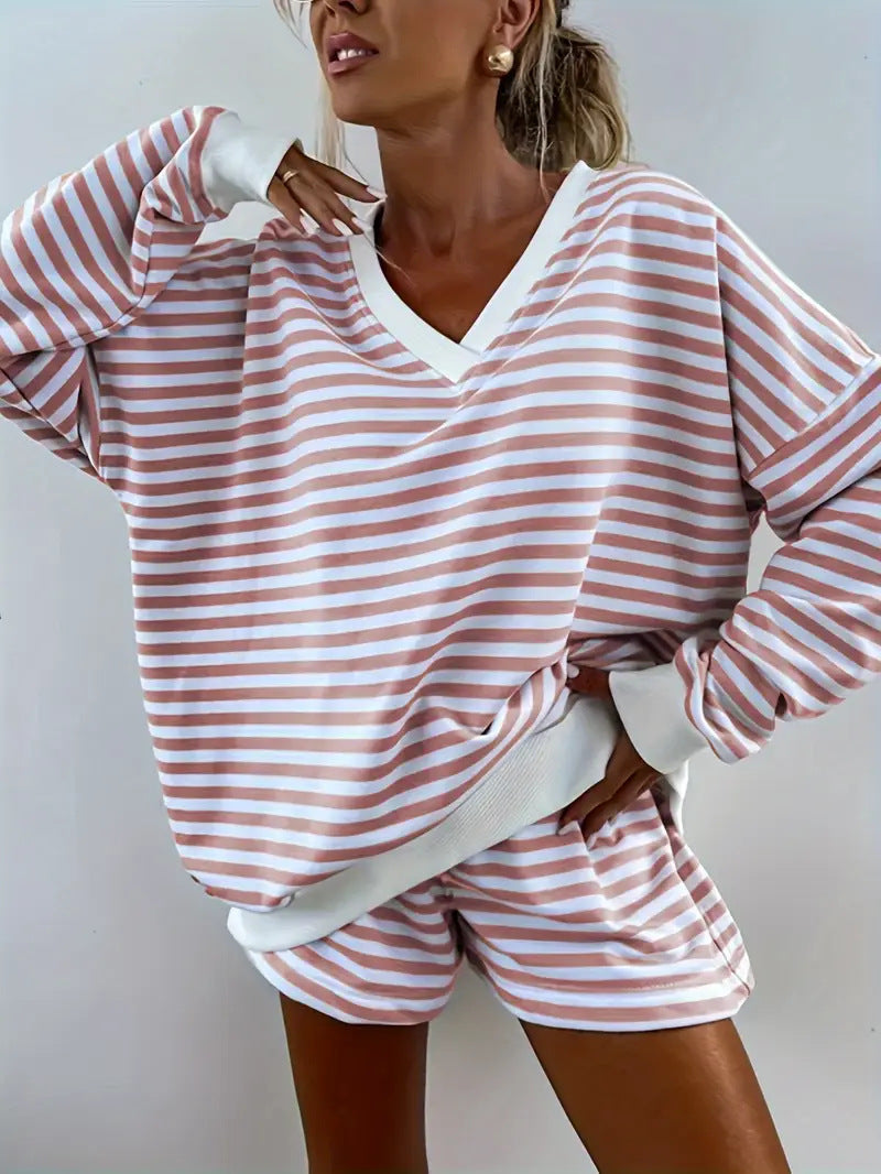 NOLANI™ – Relaxed Fit Striped V-Neck Lounge Set