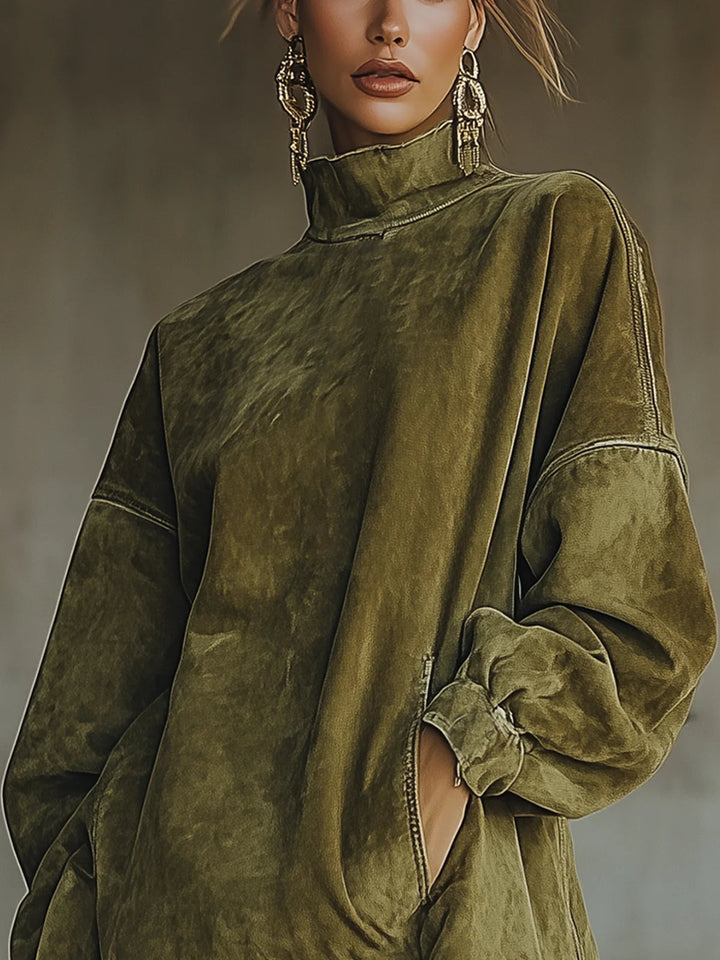 Faux™ | Suede Turtleneck Dress With Fringe Hem