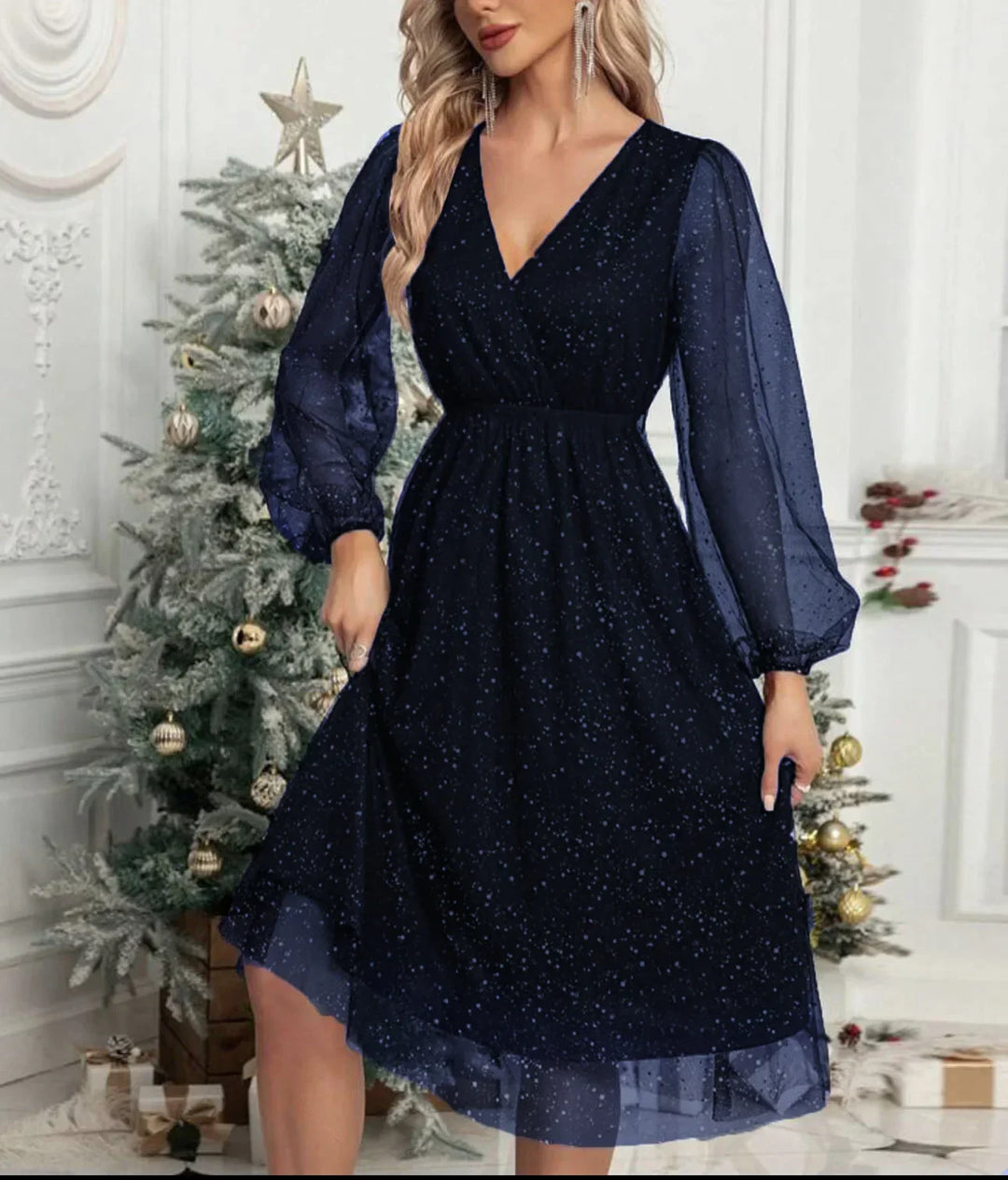 Mae Harper™ | Sparkling Mesh-Sleeve V-Neck Evening Dress