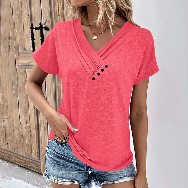 Maya- Ribbed Button V-Neck Tee