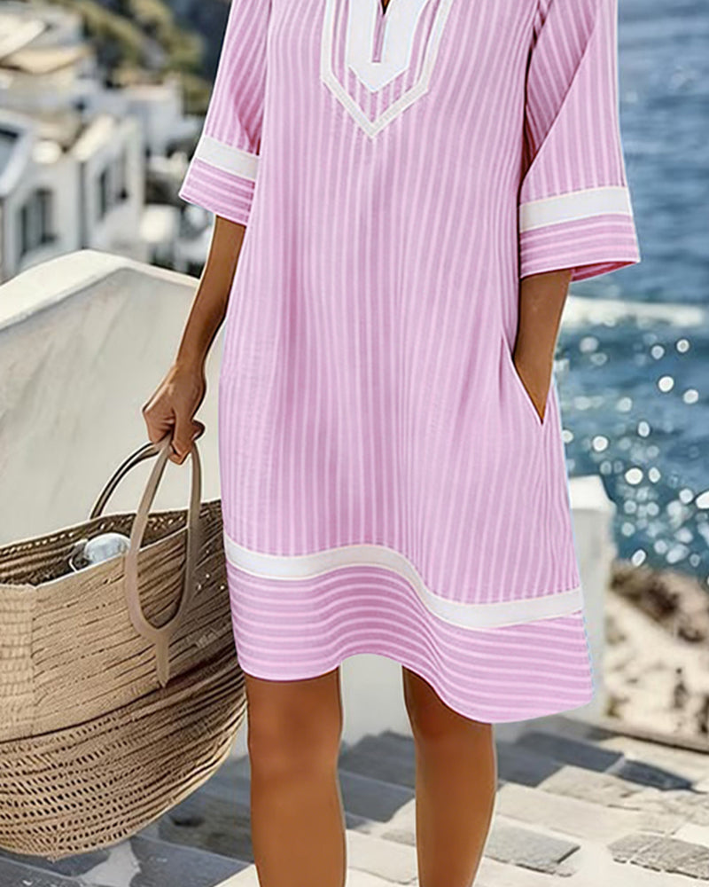 V-Neck Short Sleeve Striped Dress