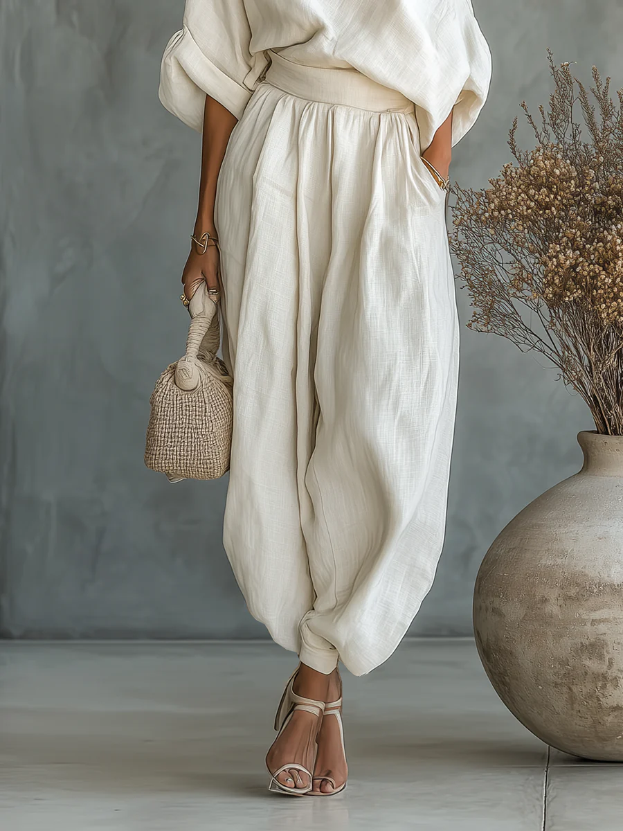 Off-white Linen Off-shoulder Loose Casual Top And Tapered Pants Set