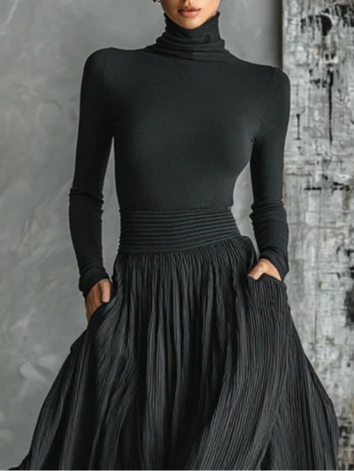 Cybele™ | Black Turtleneck & Pleated Skirt Set
