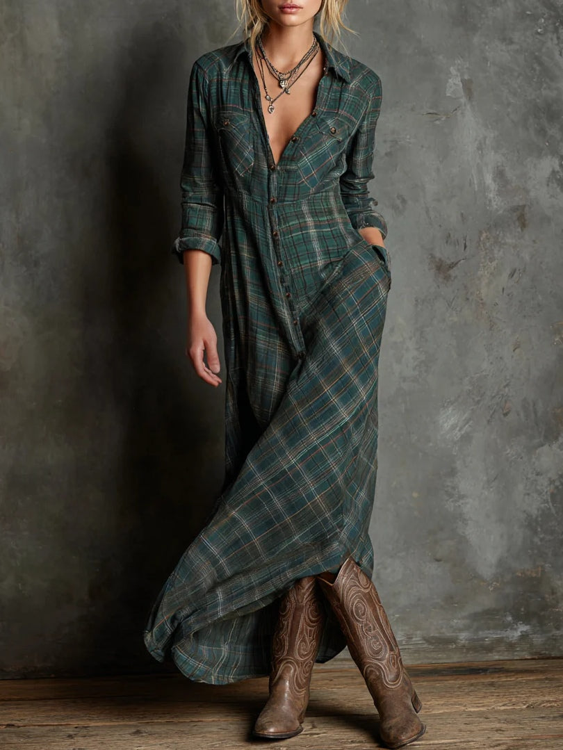 Green Plaid Lapel Single-Breasted Shirt Long Dress
