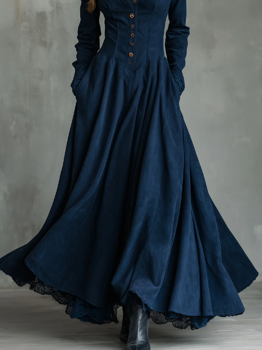 Gothic Dark Blue Faux Suede Lace-trimmed Shirt Collar Maxi Dress