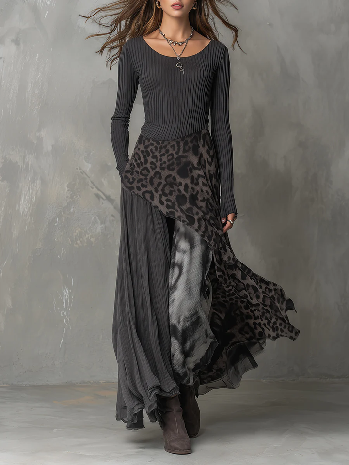 Grey Pit Stripe Leopard Print Splicing Irregular Hem Maxi Dress