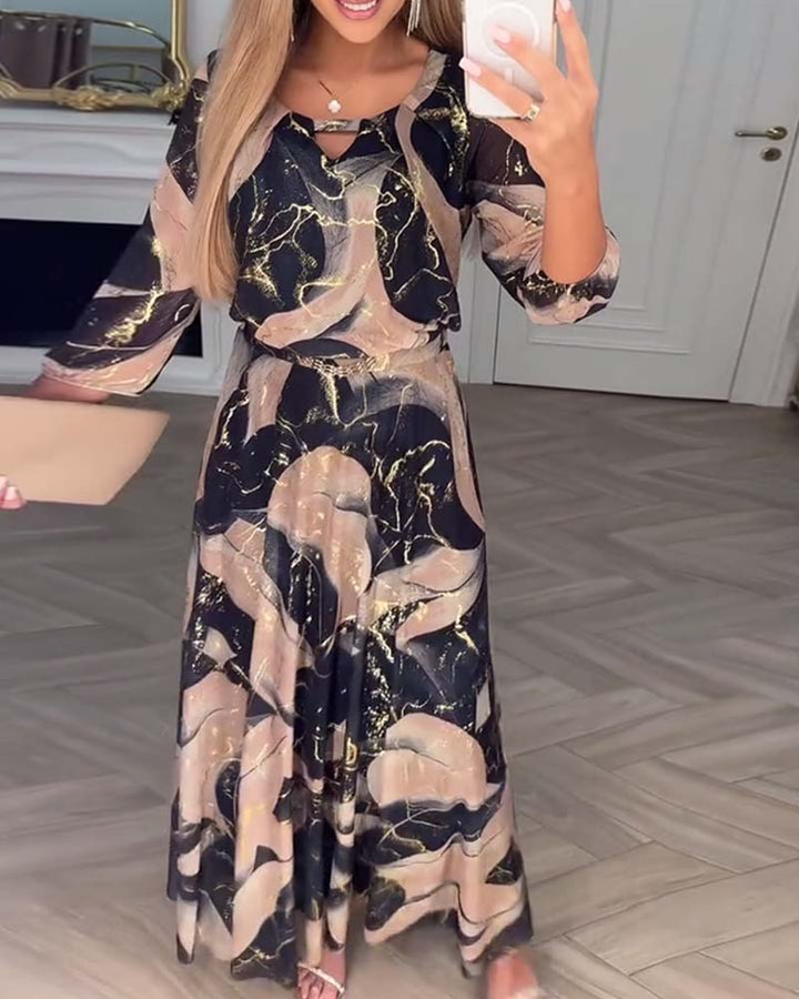 Elegant Three-Quarter Sleeve Printed Waist Dress