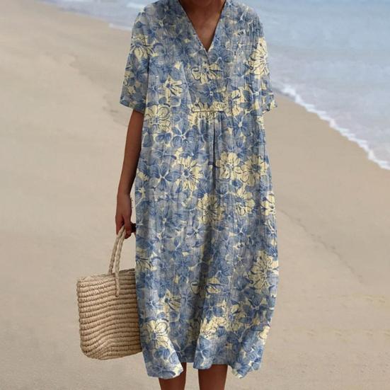 Tamar - Casual Floral Art Print V-neck Dress