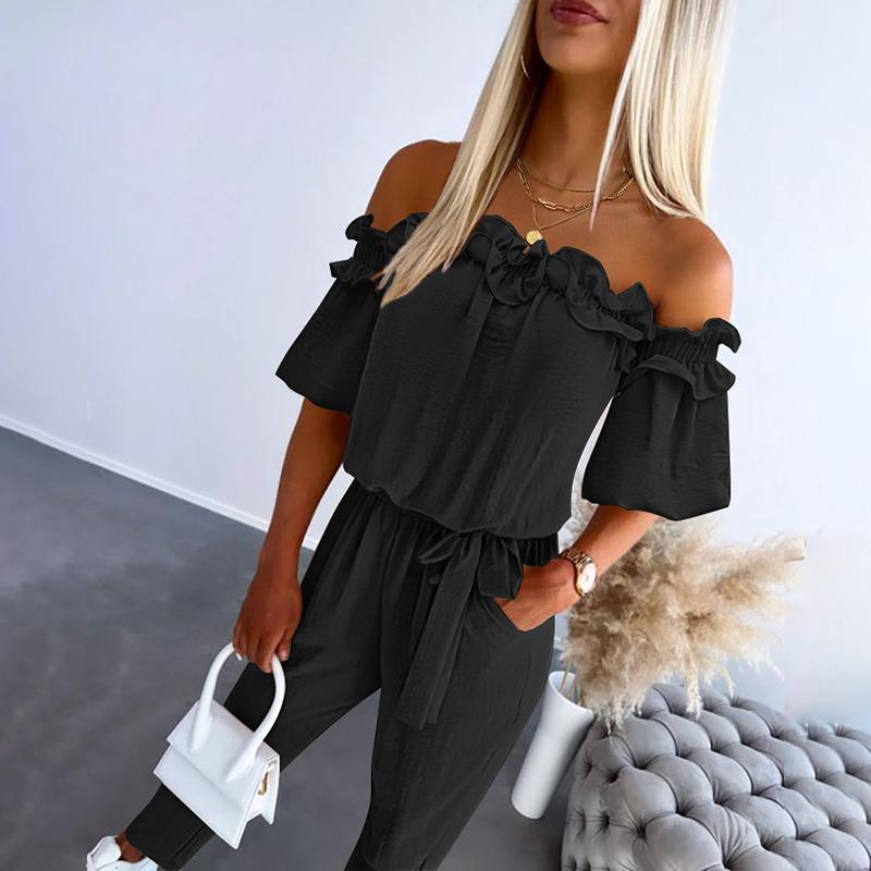 CAMILA – Chic Off Shoulder Frill Tie-Waist Jumpsuit