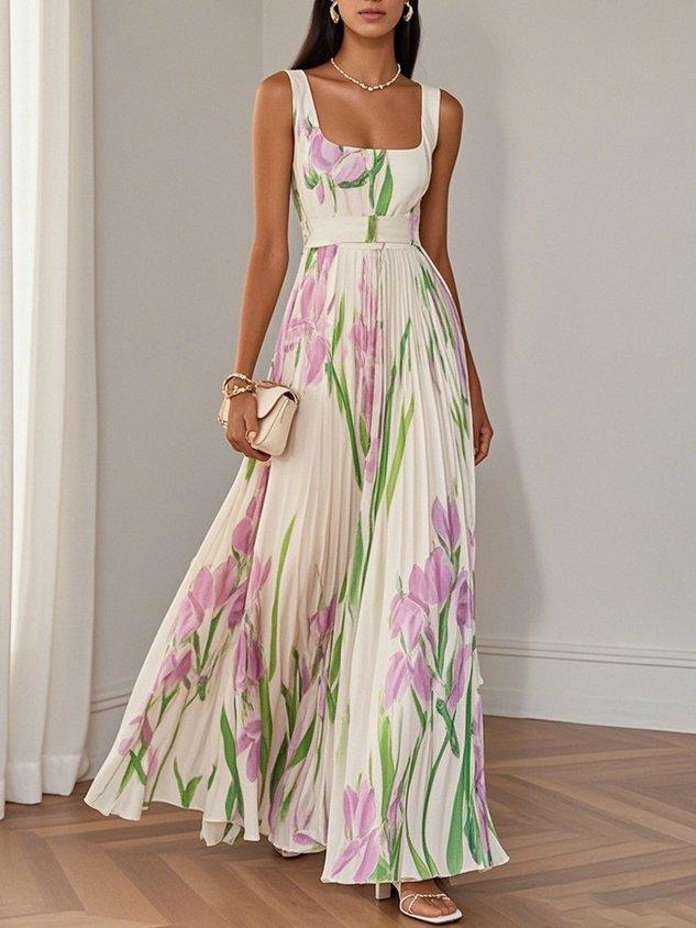 Aurelia™ | Pleated Floral Chiffon Maxi Dress