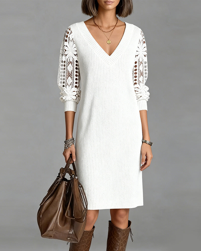 Long Sleeve Lace Dress with V-Neck