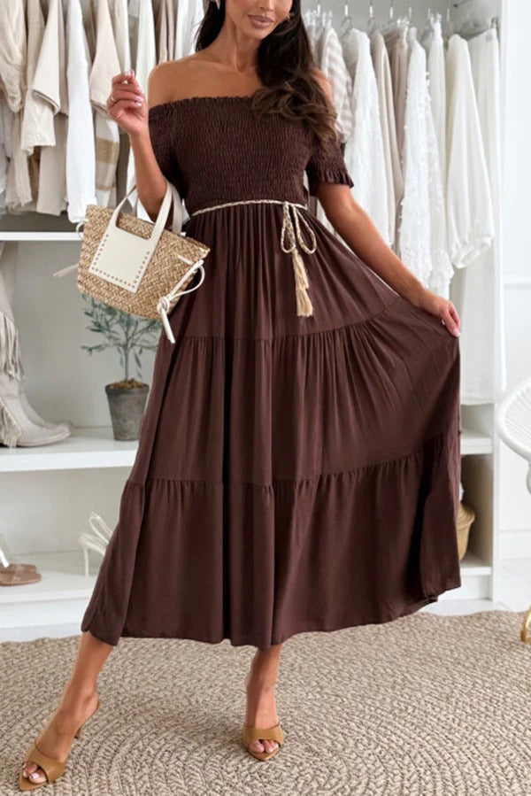 Solid Color Off-the-shoulder Pleated Waist Midi Dress
