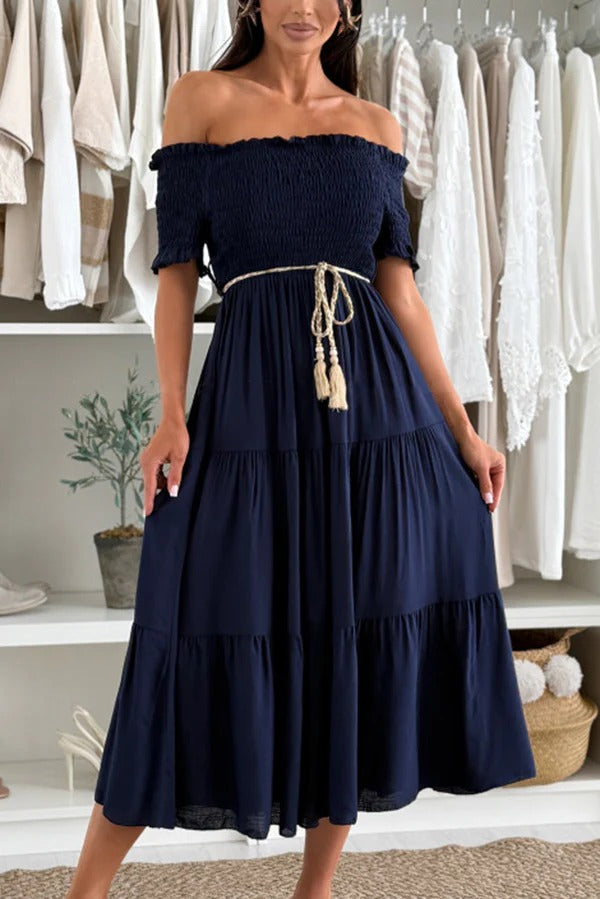 Solid Color Off-the-shoulder Pleated Waist Midi Dress