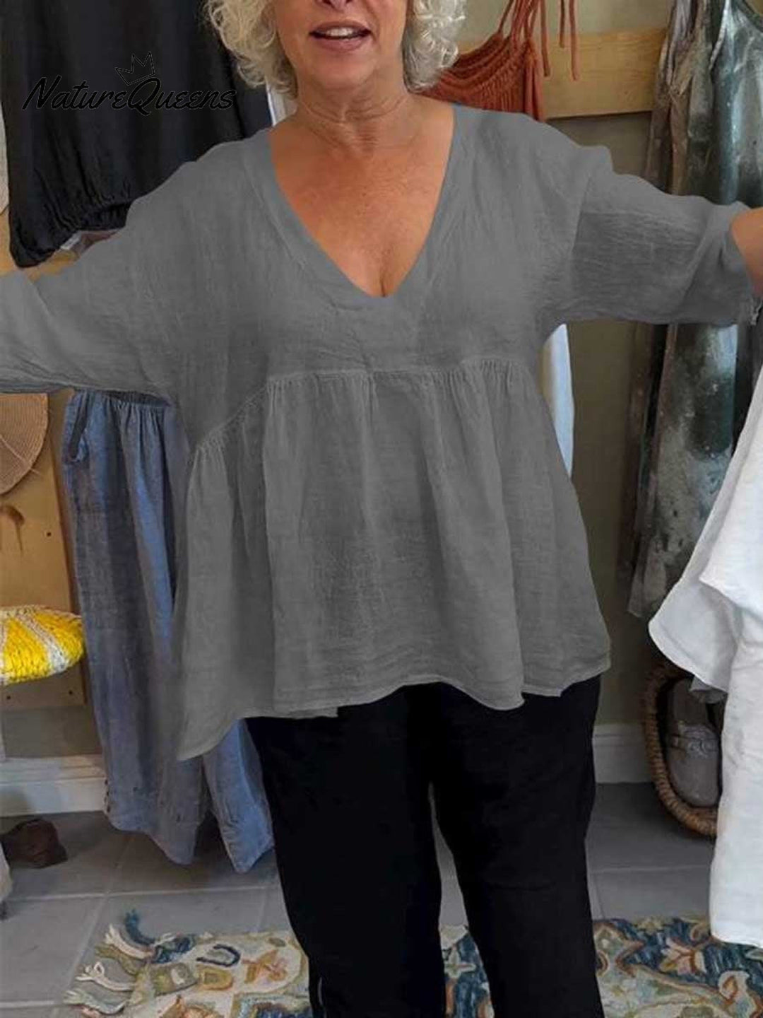 Nadia™ V-Neck Cotton and Linen Shirt