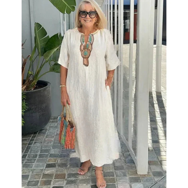Margaret | Embroidered Linen Split Dress