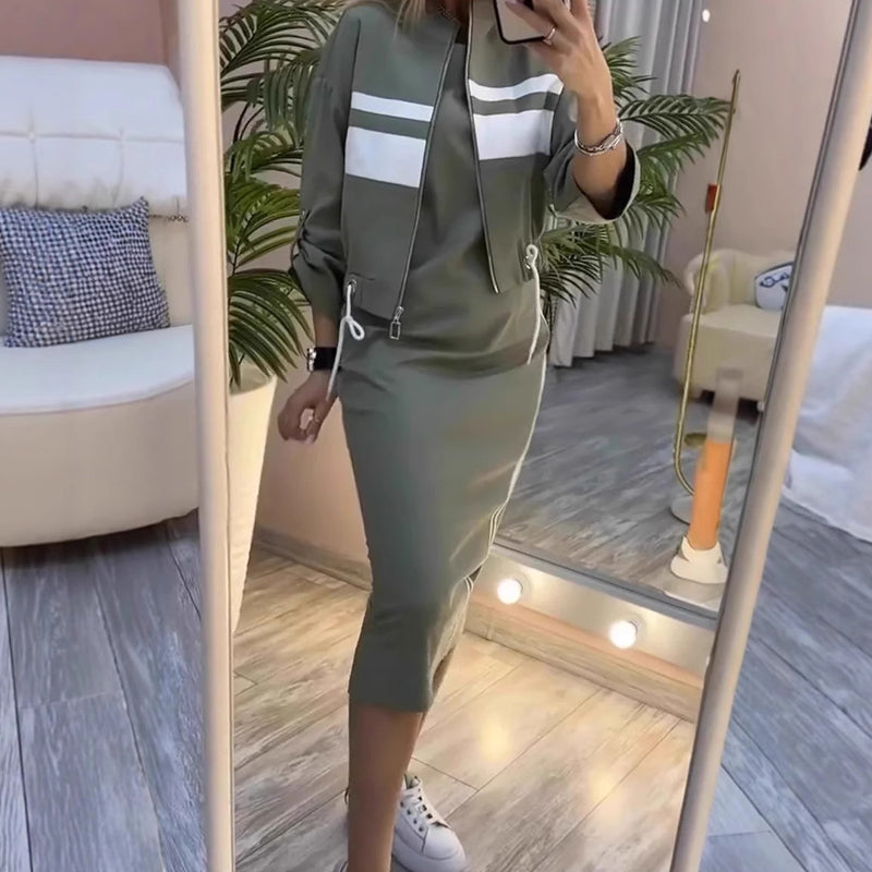 Women's Stand Collar Jacket & Dress Set