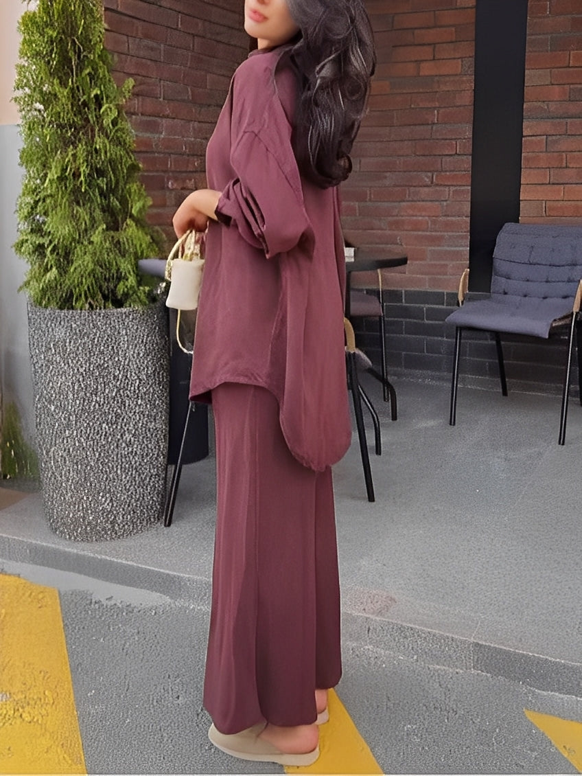 Long-sleeved Tie-Drawstring Shirt and Skirt Set